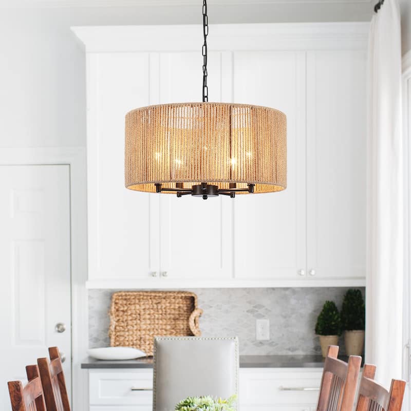 5-Light W19.25" x H68.89" Rattan Chandelier for Dining Room Kitchen - Black+Brown