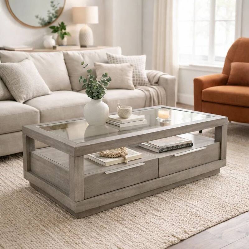 Wave 54 Inch Coffee Table, Glass Top, 2 Drawers, Natural Gray Acacia Wood