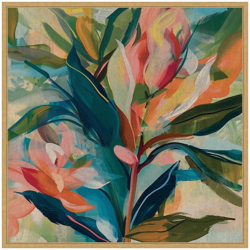 Kate and Laurel Sylvie Colorful Tropic Botanical Abstract Neutral Linen Framed Canvas by The Creative Bunch Studio