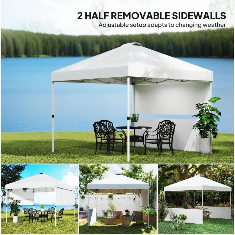 10x 10 ft Party Tent Pop Up Canopy Tent with 2 Half Sidewalls with Wheeled Carry Bag, White