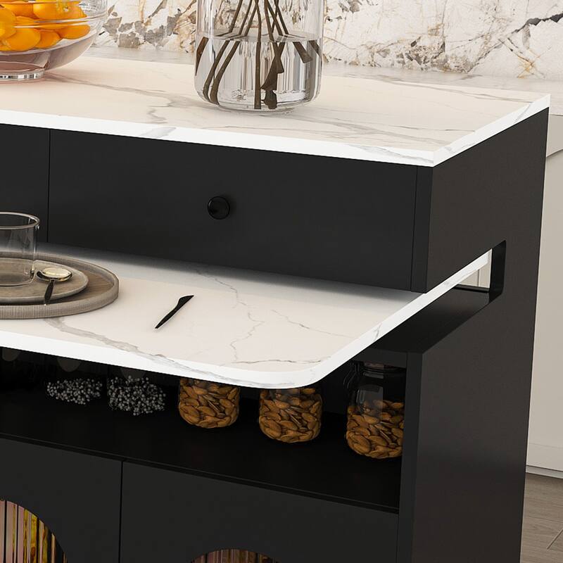 Kitchen Island with Extendable & Rotating Table, Kitchen Table with Power Outlet, 4 Drawers & Glass Door Cabinets