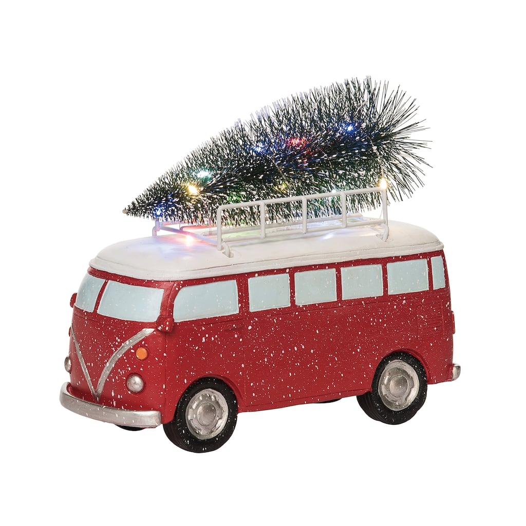 Transpac Resin 9.5 in. Multicolor Christmas Retro Light-Up Van with Tree Decor
