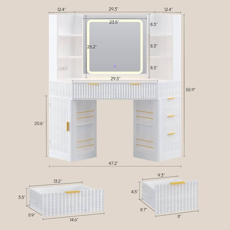 Corner Vanity Desk with Lighted Mirror Drawers Shelves Storage Stool