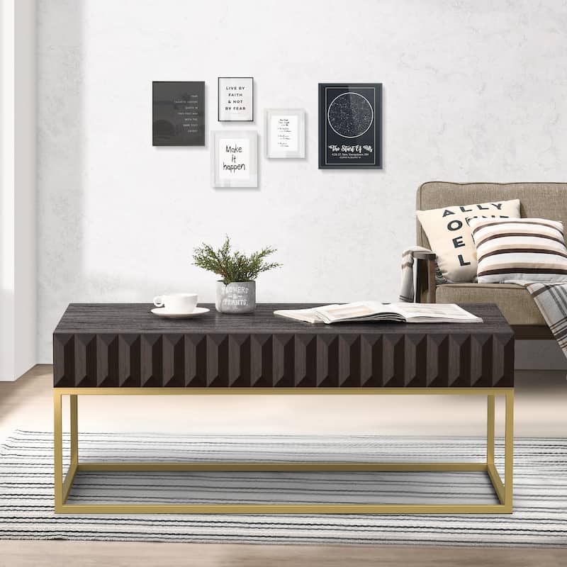 47-inch Walnut and Gold Coffee Table with Concealed Drawers