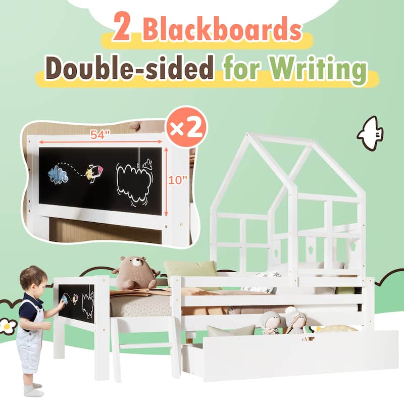Full Size Kids' Loft-Style Bed with Ladder, Dual Blackboard Panels, and Underbed Storage Drawer, Solid Wood Frame