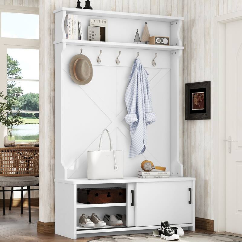 47.2"W Hall Tree Entryway Bench with Coat Rack with 5 Hanging Hooks and Shoe Cabinet - Off White