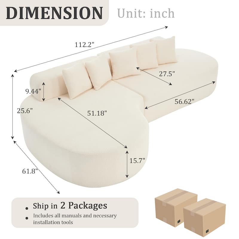 L-Shape Boneless Couch for Living Room, Curved Sectional Sofa Memory Foam Floor Sofa with 5 Pillows
