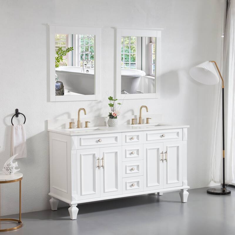 35'' H Solid Wood Bath Vanity with Stain-resistant Carrera White Quartz Top and Double Sink