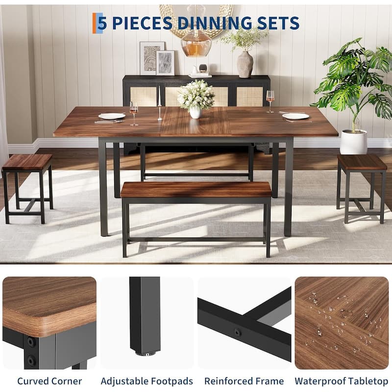 47.2" Large Extendable Kitchen Table Set, with 2 Benches and 2 Square Stools