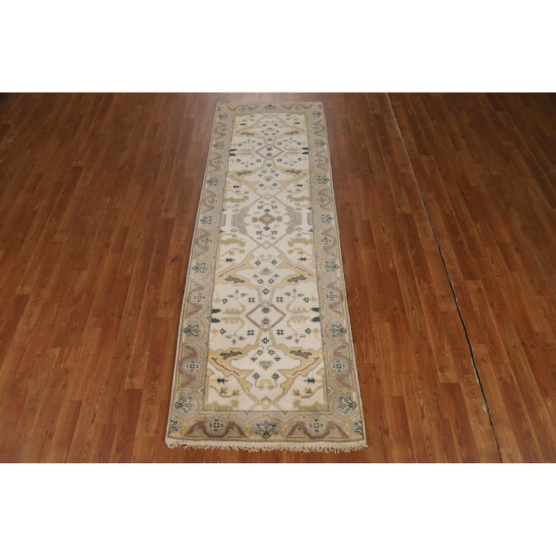 Ivory Oushak Indian Runner Rug Handmade Wool Carpet - 2'7"x 7'9"