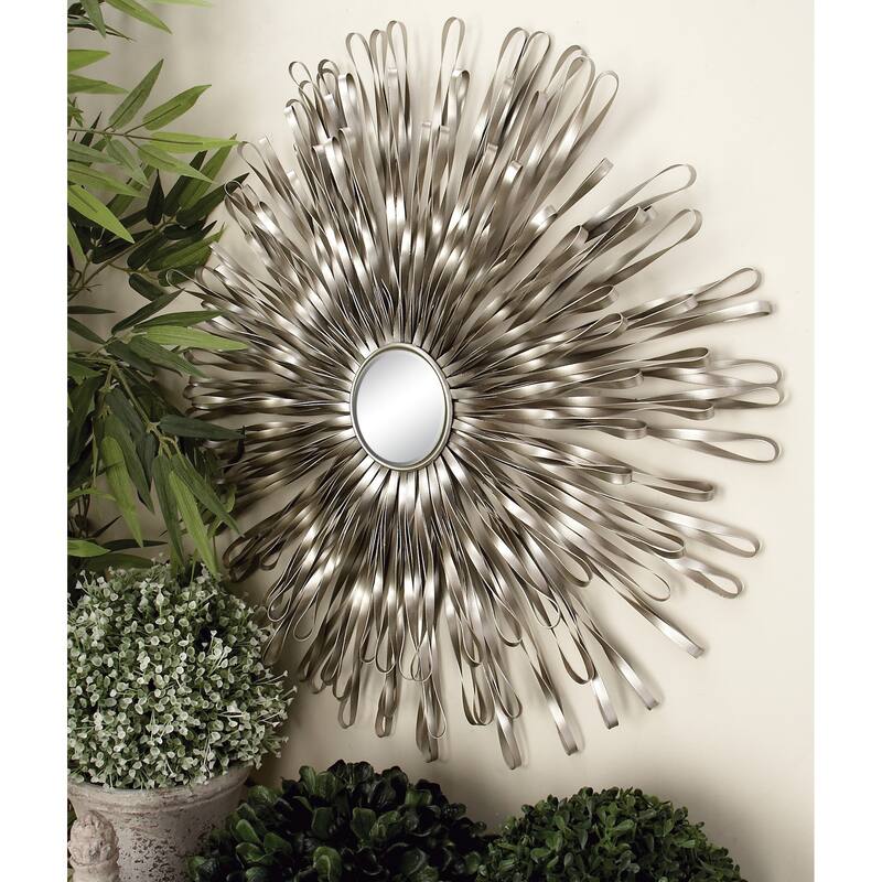 Metal 3D Looped Sunburst Wall Decor with Mirrored Center (Set of 3) - Silver or Gold