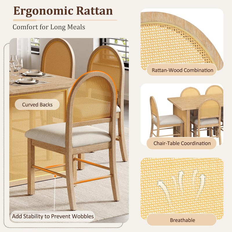 7-Piece Farmhouse Dining Set for 6 with Rattan Chairs and Distressed Oak Table