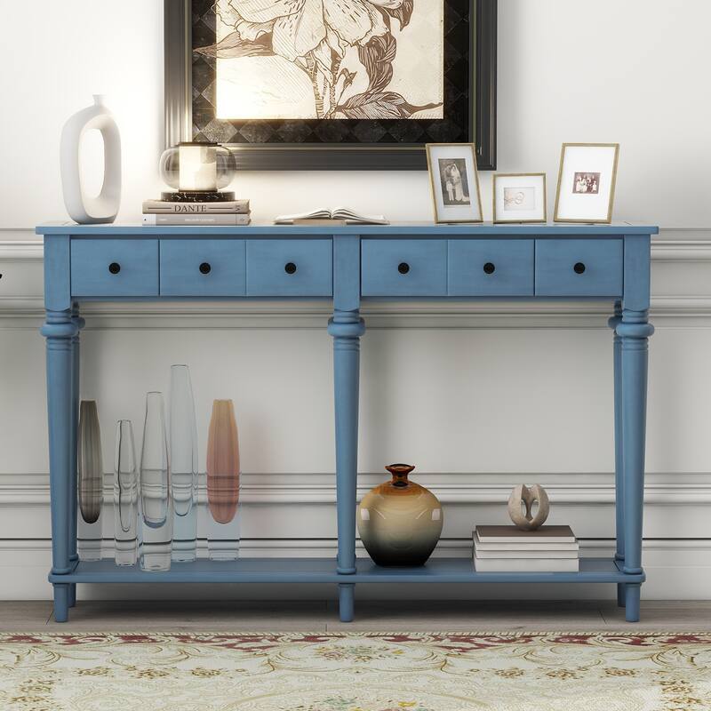 Retro Console Table with 4 Drawers and Open Shelf, perfect for Entryways, Living Rooms, and Hallways