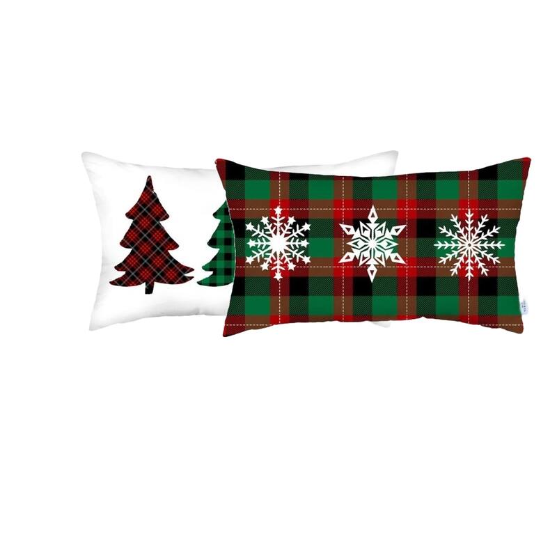HomeRoots Set of 2 Christmas Plaid Lumbar Decorative Pillow Covers