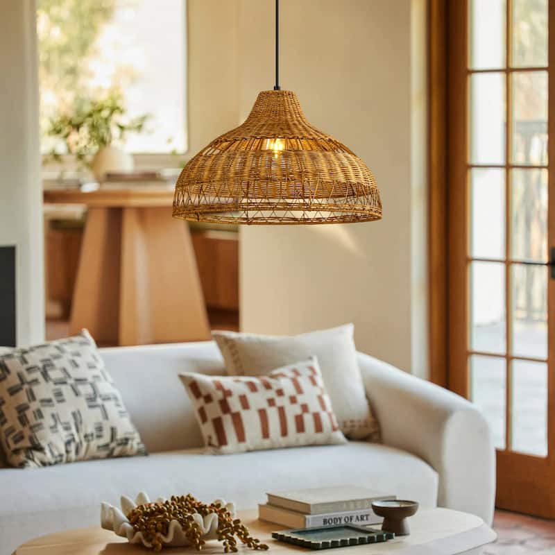 1-Light Farmhouse Brown Natural Handwoven Rattan Dome Pendant Light - 16.9 in. W x 11 in. H
