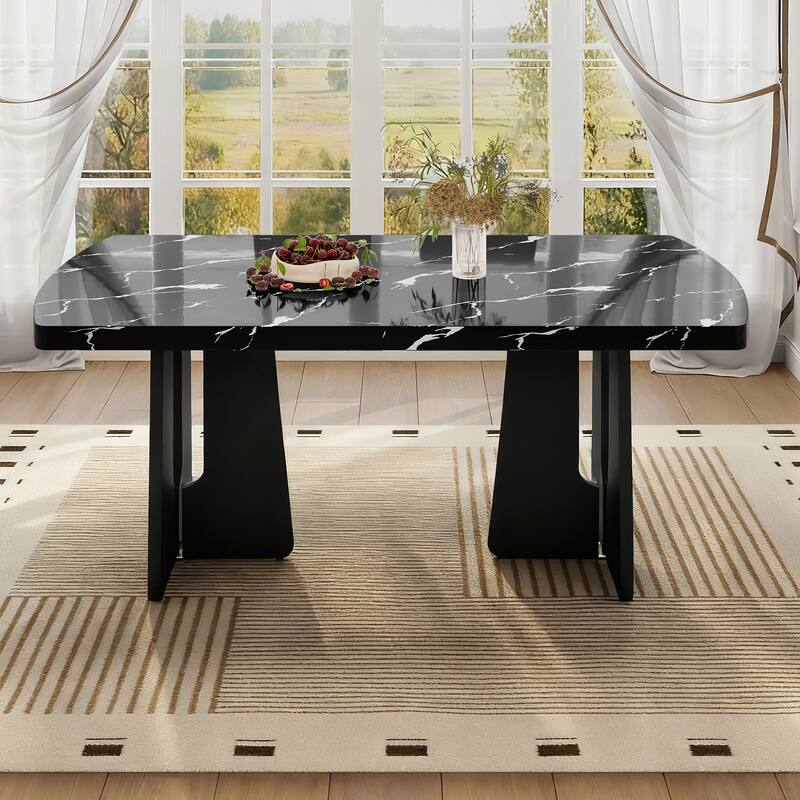 63" Modern Dining Table with Faux Marble Top - Black