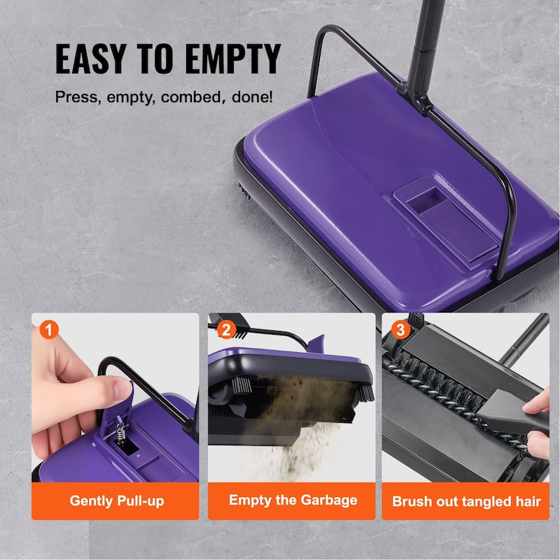 Carbon Steel Manual Carpet Sweeper with 7.87in Brush and Easy Dustbin - 44.1 x 9.1 x 6.3 inch