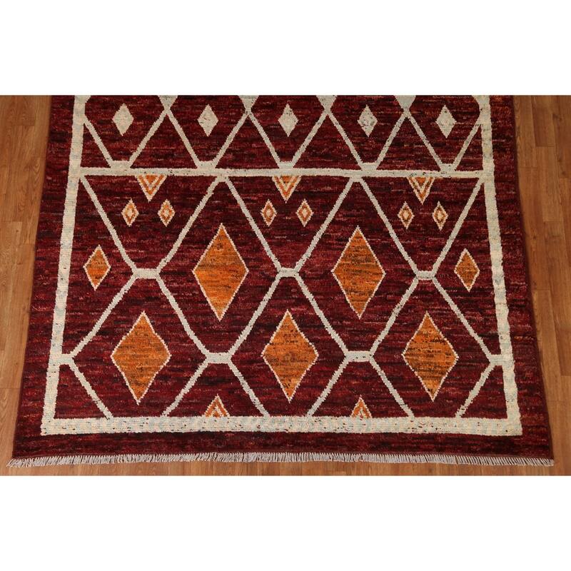 Hand Knotted Oriental 100% Wool Carpet Modern Geometric Red Moroccan Area Rug - 9' 10'' X 6' 8''