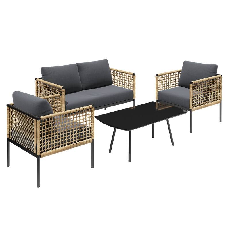 4-piece Waterproof Fabric Sofa Set (2+1+1) with PE Woven & Marble Table