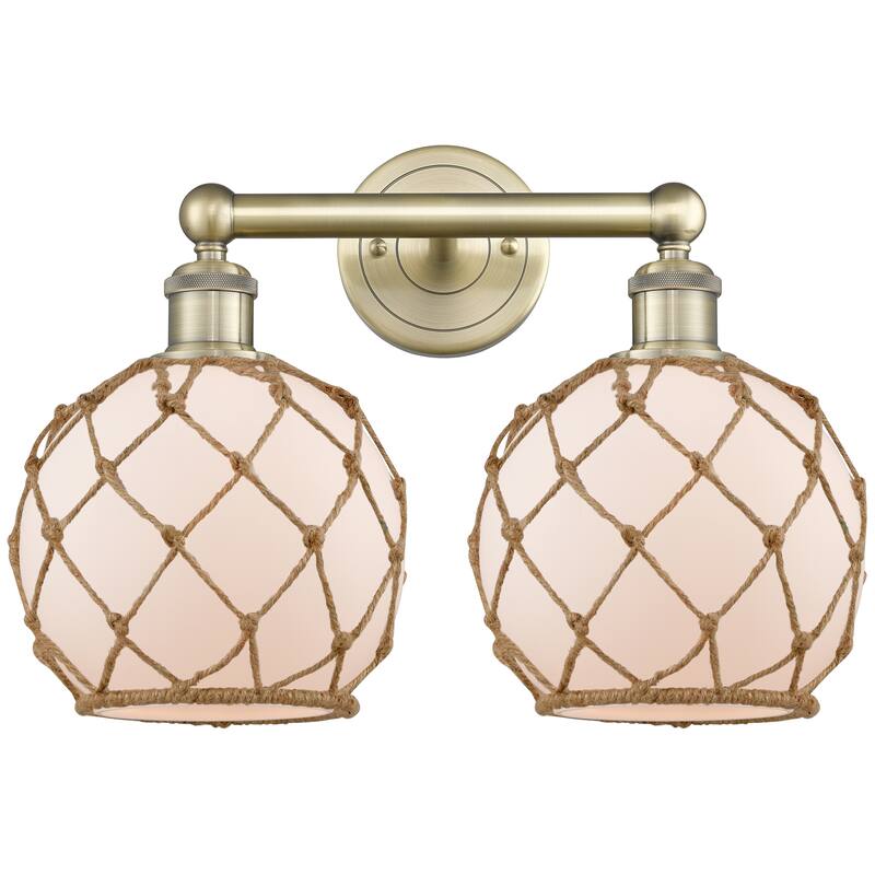 Innovations Lighting Endless Possibilities Edison - Farmhouse Rope - 2 Light 17" Bath Vanity Light - Antique Brass/White Glass with Brown Rope