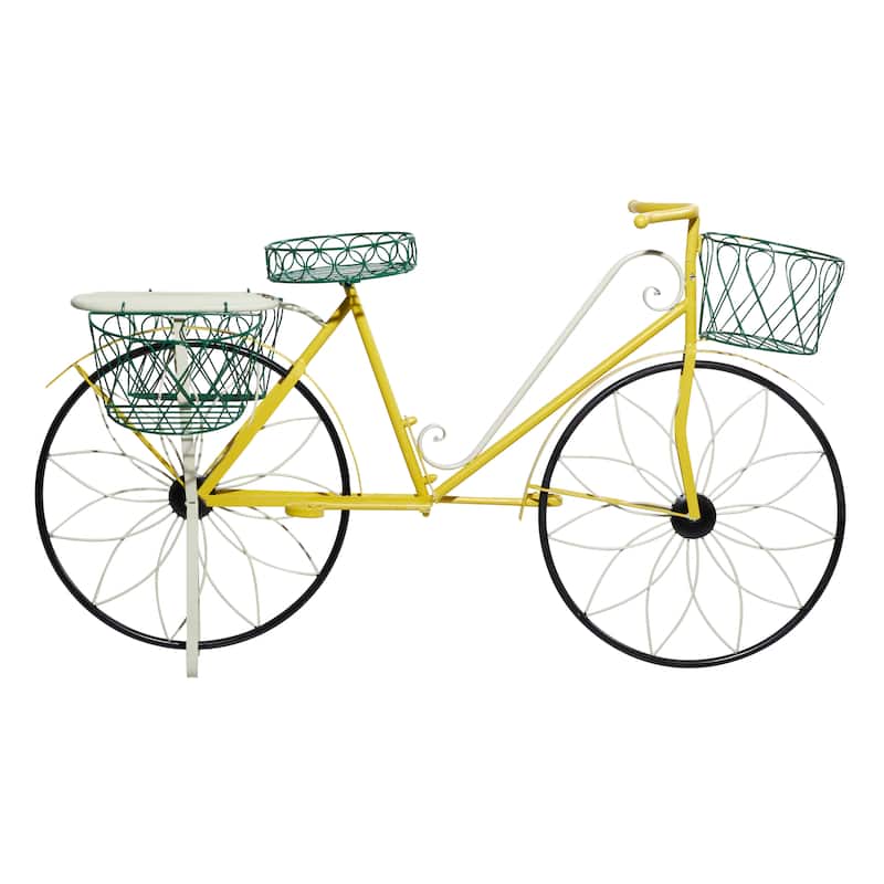 Metal Bike Indoor Outdoor Wire Design Plantstand with Basket and Saddle Bag Planters - Blue or Yellow - Roche River Decor