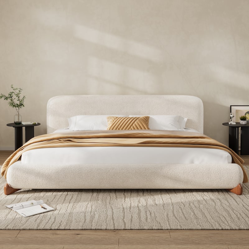 King/Queen Upholstered Platform Bed with Boucle Headboard & Solid Wood Legs