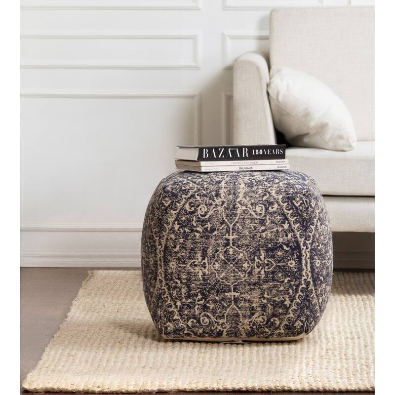 Jani Hanalei 20-inch Blue & Ivory Square Pouf Ottoman - Handmade Footrest for Living Room, Bedroom, Nursery, Kidsroom - Blue/Ivory - Large