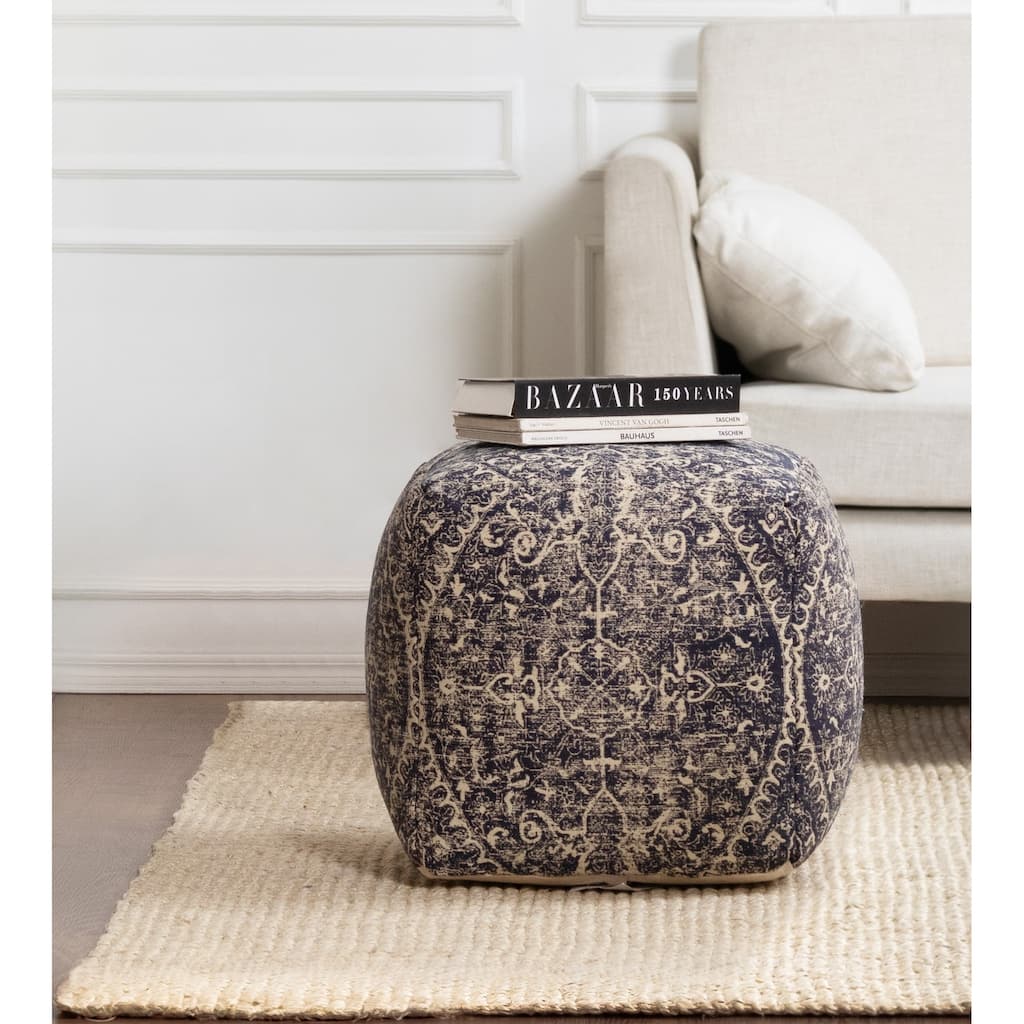 Jani Hanalei 20-inch Blue & Ivory Square Pouf Ottoman - Handmade Footrest for Living Room, Bedroom, Nursery, Kidsroom