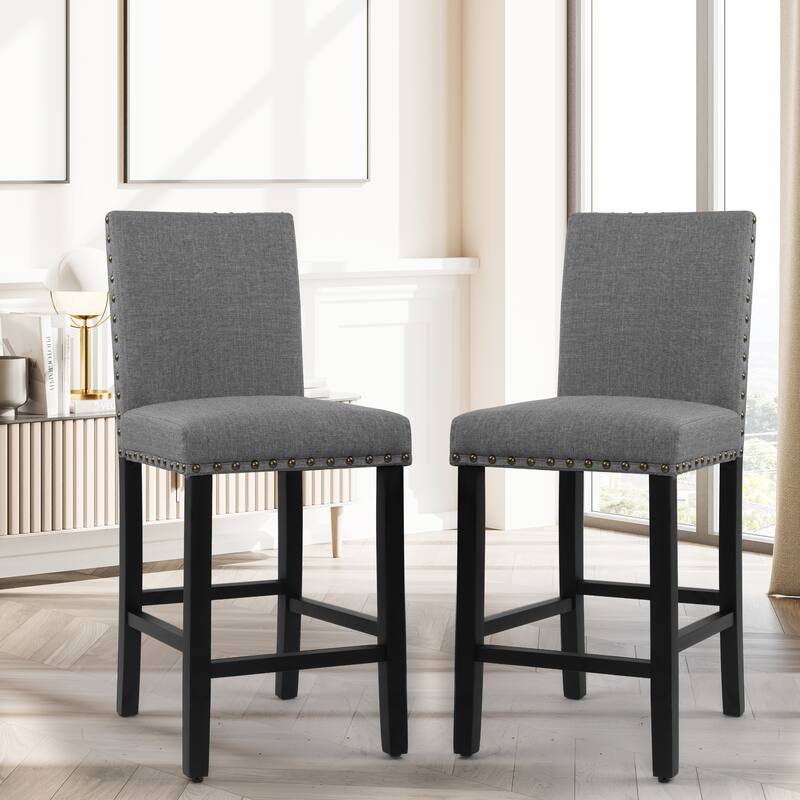 25 Inches Fabric Upholstered Counter Height Bar Stools with Back and Nailhead Trim Set of 2