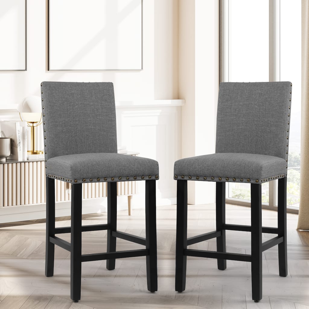 25 Inches Fabric Upholstered Counter Height Bar Stools with Back and Nailhead Trim Set of 2
