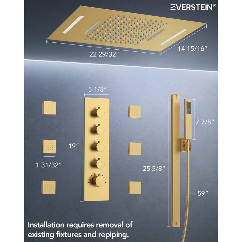 64 Color LED Mood Lighting Thermostatic Shower System with Slide Bar, 23" x15" Bathroom Shower Faucet Set - 22"x15"