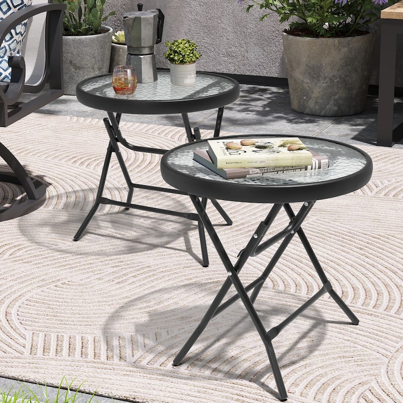 Crestlive Outdoor Side Table Patio Small Folding Table with Tempered Glass Table Top - Set of 2, Black