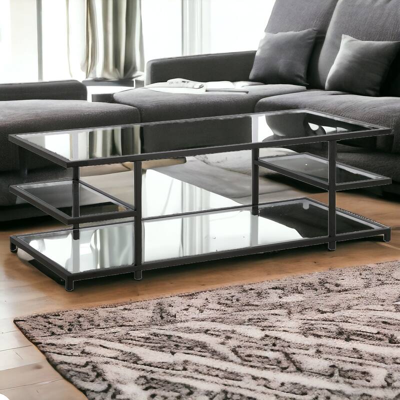 54" Modern Glass Coffee Table with Steel Base and 3 Storage Shelves Perfect for Living Room - 54"L x 24"W x 18"H