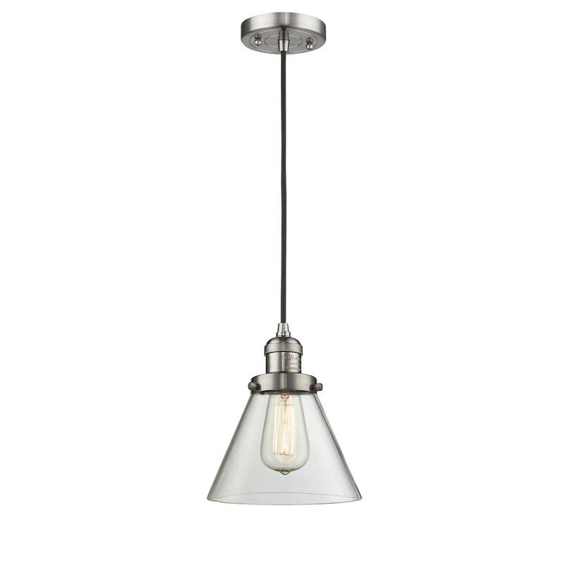 Innovations Lighting Large Cone 8" Wide Mini Pendant - Cord Suspension - Brushed Satin Nickel / Clear