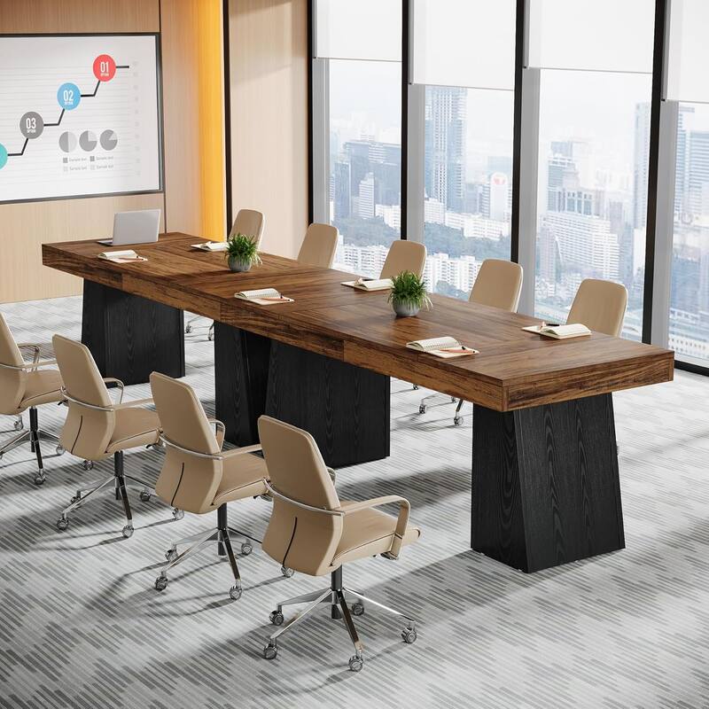 Conference Table, Modern Meeting Table with Thick Tabletop and Trapezoidal Legs
