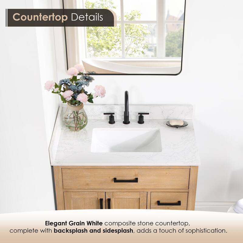 Altair Gavino Bath Vanity with Grain White Composite Stone Top and Mirror
