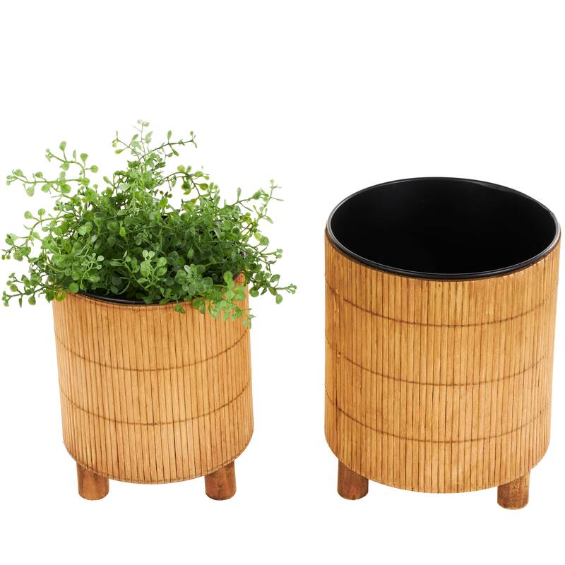 Brown Bamboo Handmade Planter with Black Metal Interior (Set of 2)