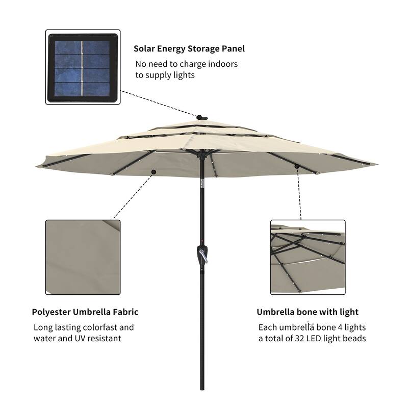 Clihome 10FT LED 3-Tier Patio Market Umbrella with Crank