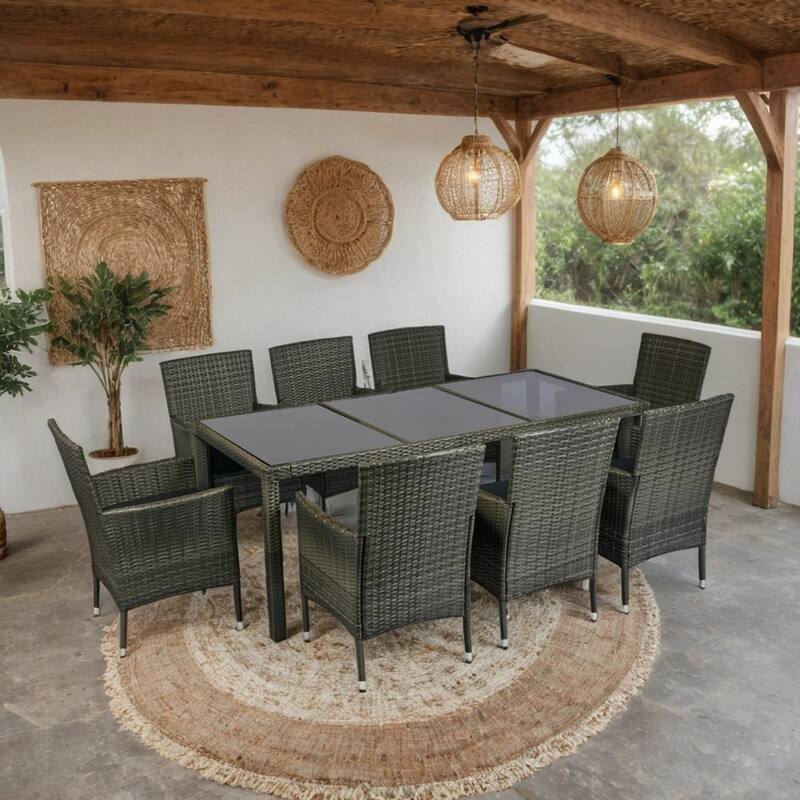 Outdoor Patio 9 Piece Wicker Dining Table Chairs Set Glass Table Top Casual Dining Table and 8 Removable Cushions Armchairs - Black+Grey