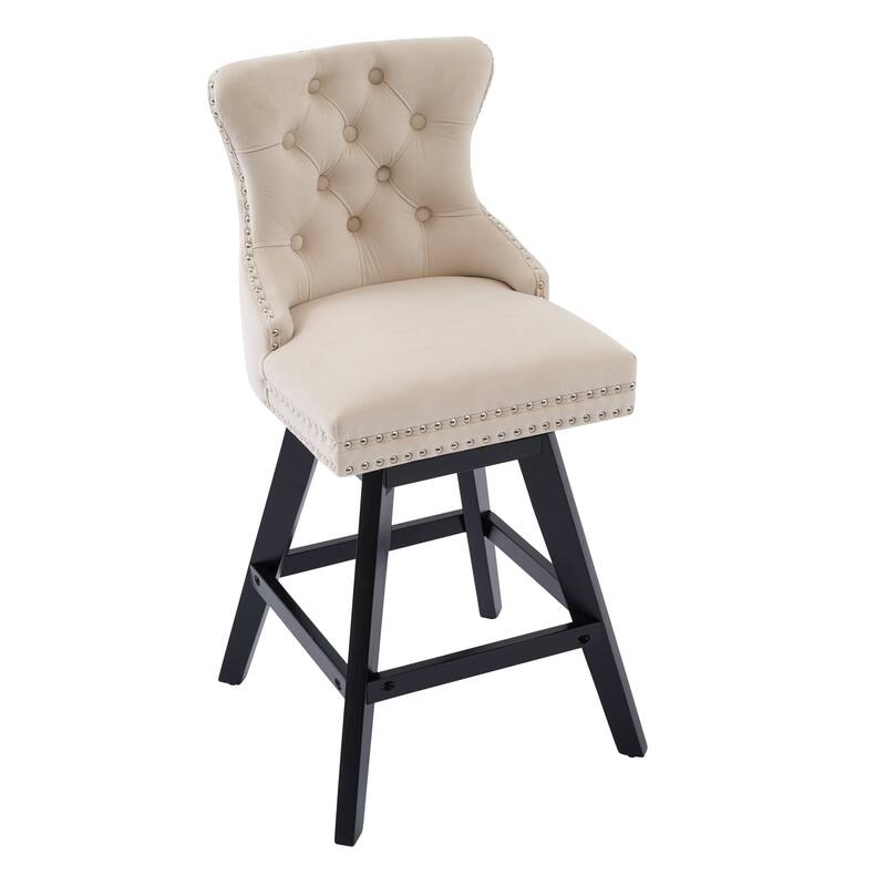 Swivel Bar Stools Set of 2, Velvet Counter Height Barstools with Wooden Legs, Kitchen Island Chairs with Button Backrest