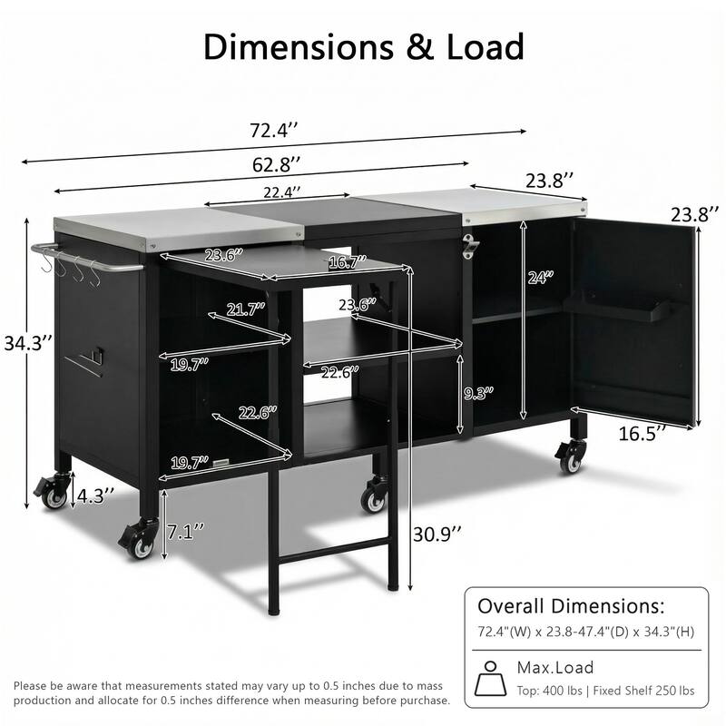 72.4" Outdoor Kitchen Island for Large Big Green Egg,Metal Outdoor Grill Cart with Fold-out Prep Table and Adjustable Shelves