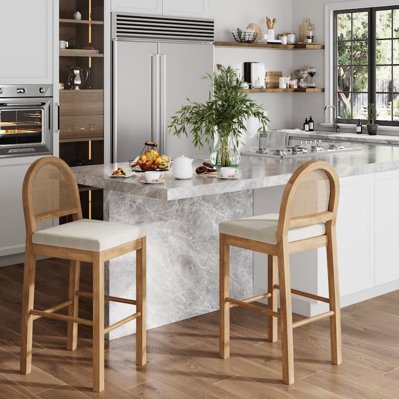 Bailey Boucle Upholstered Rattan Bar Stool or Counter Height Stool with Natural Rattan Woven Back For Kitchen Island