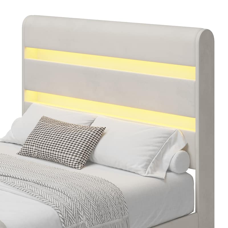 LED Storage Bed with Velvet Upholstery Headboard & Footboard, Beige Full