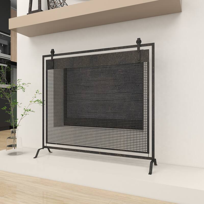 Black Metal Suspended Grid Single Panel Geometric Fireplace Screen with Bolted Detailing