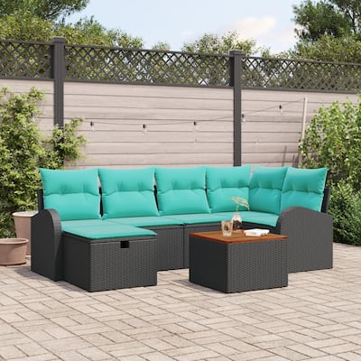 vidaXL 7 Piece Garden Sofa Set with Cushions Black Poly Rattan - 92.1×48.8×27.2