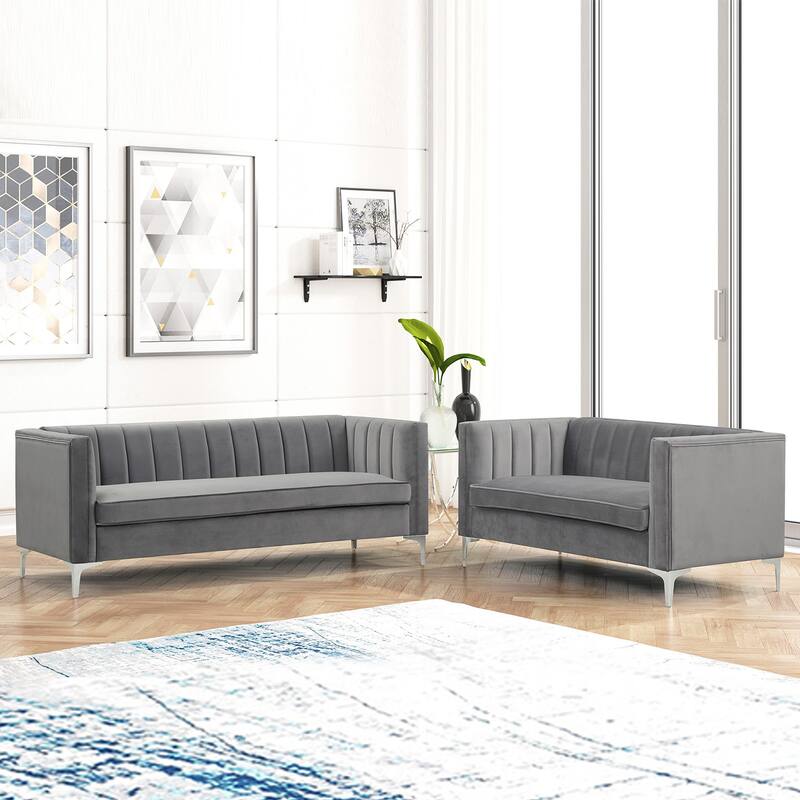 Morden Fort Modern 2 Pieces of Loveseat and Sofa Couch Set with Dutch Velvet Grey, Iron Legs - Grey
