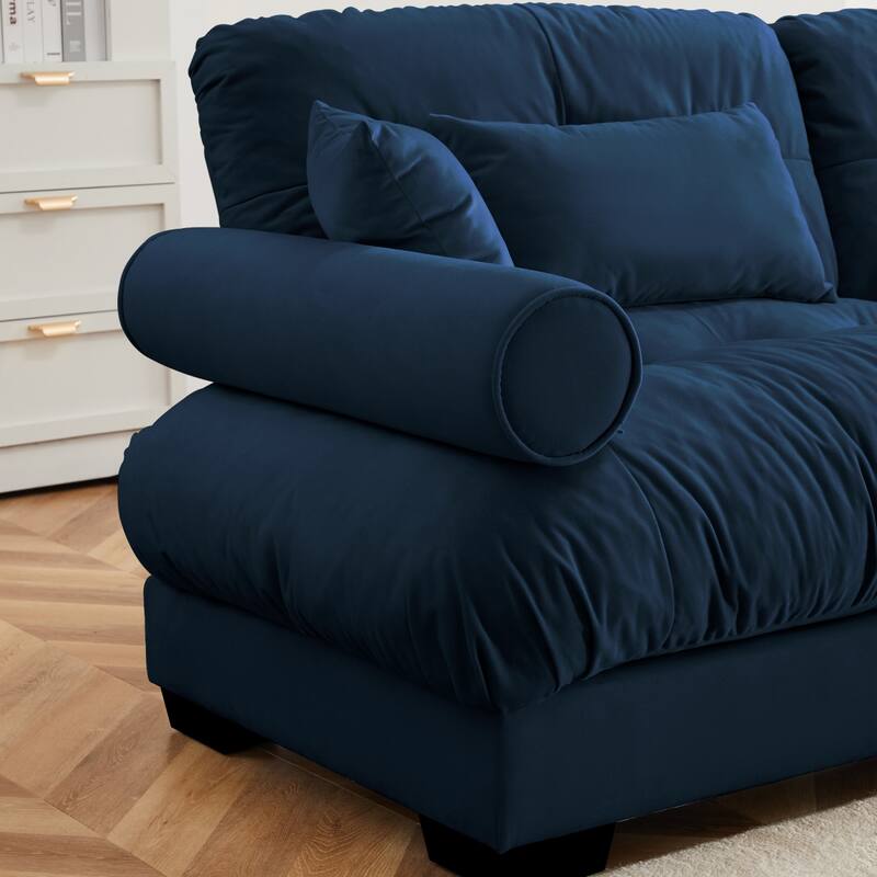 L-shaped Convertible Velvet Sectional Cloud Sofa with Ottoman & Pillows
