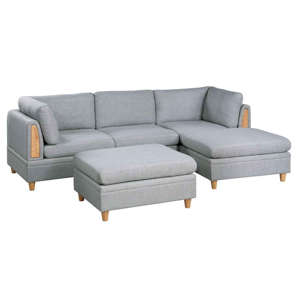 5pc Modular Sofa Set, Light Grey Fabric, 2 Corner Wedges, 1 Armless Chair, 2 Ottomans