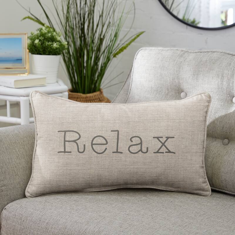 Sunbrella Canvas EMbroidered "Relax" Indoor/Outdoor 13x20 Corded Lumbar Pillow (Single) - Cast Silver with Grey Words