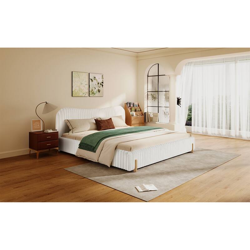 Roomfitters White Boucle Upholstered Bed, Wavy Headboard with Vertical Stitching